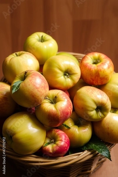 Fototapeta A vibrant still life of freshly picked apples, arranged artfully in a woven basket or a shallow, ornate bowl, set against a soft, creamy background