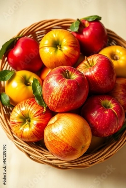 Fototapeta A vibrant still life of freshly picked apples, arranged artfully in a woven basket or a shallow, ornate bowl, set against a soft, creamy background