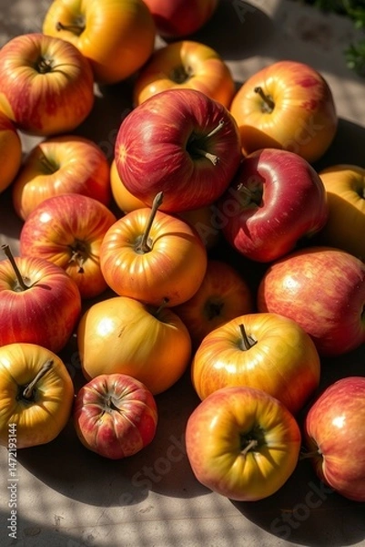 Fototapeta A vibrant still life of freshly picked apples, arranged artfully in a woven basket or a shallow, ornate bowl, set against a soft, creamy background