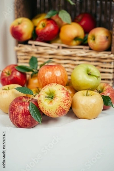 Fototapeta A vibrant still life of freshly picked apples, arranged artfully in a woven basket or a shallow, ornate bowl, set against a soft, creamy background