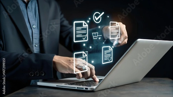 Fototapeta Businessman touching approved document icon on digital documents for approve business project proposals. Quality assurance and online evaluation of business concept.