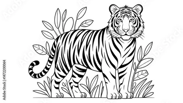 Fototapeta Detailed black and white illustration of a regal tiger in a natural jungle environment