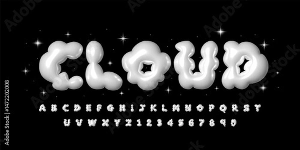 Fototapeta Glossy abstract cloud bubble font. Inflated alphabet, 3D colorful balloon letters and numbers. Vector set. Liquid holographic font. Letters and numbers.
