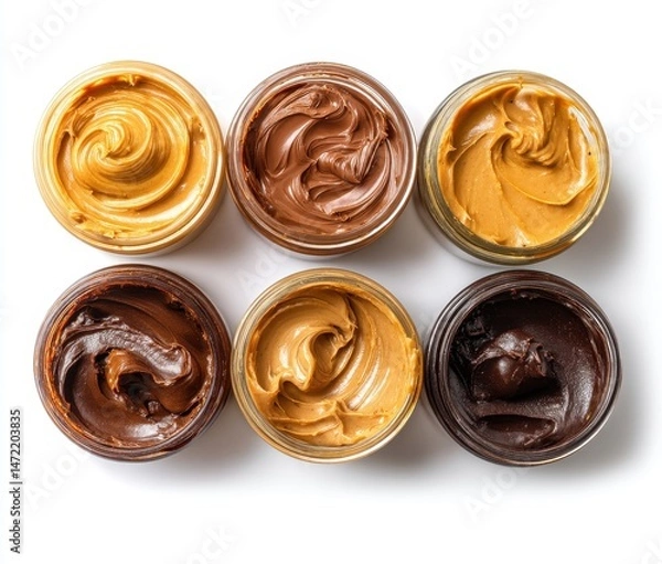 Fototapeta Assorted Jars of Creamy Spreads Featuring Various Colors and Textures Perfect for Dessert Recipes, Baking, and Tasty Snacks for All Ages