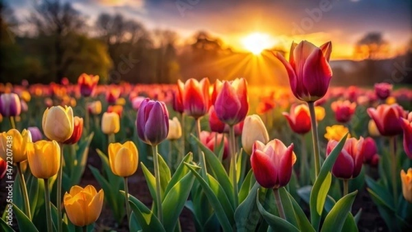 Fototapeta Vibrant tulips illuminated by the warm glow of a breathtaking sunset in a picturesque field