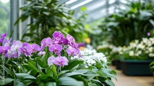 Fototapeta Vibrant purple orchids bloom profusely in a lush greenhouse setting, surrounded by other tropical plants and flowers. : Generative AI