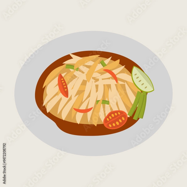 Fototapeta Papaya salad, green papaya, chili, tomato, lime, and long bean are arranged on brown plate, showcasing vibrant and fresh Thai cuisine dish with spicy and tangy flavor