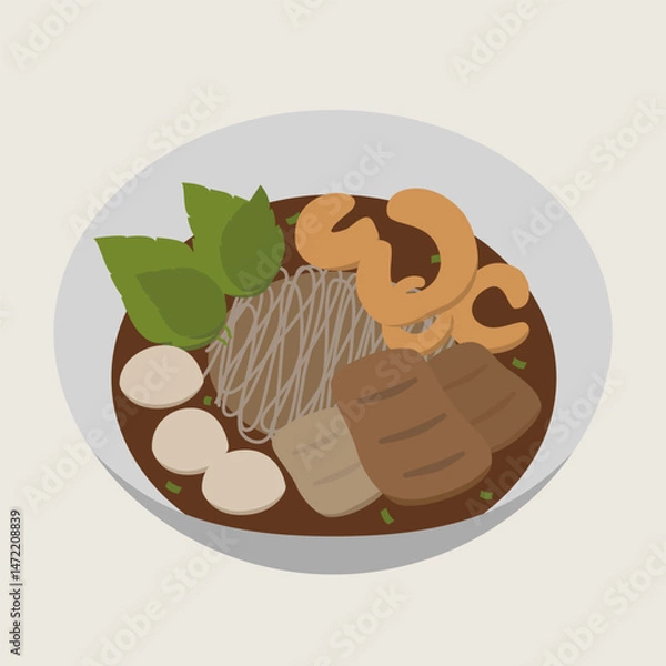 Fototapeta Boat noodle rice noodle meatball fried garlic basil Asian food brown soup traditional delicious savory comforting flat lay lunch dinner cuisine garnish