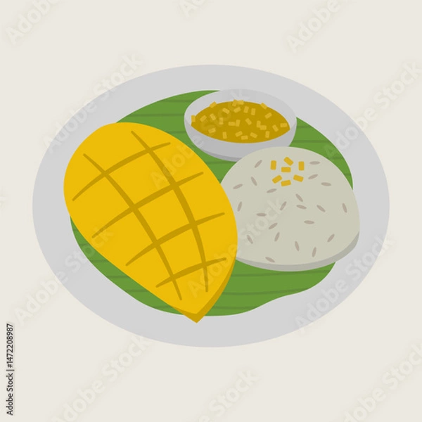 Fototapeta Mango, sticky rice, coconut milk, and mung beans are beautifully arranged on white plate with banana leaf, creating traditional Thai dessert with sweet and inviting appearance