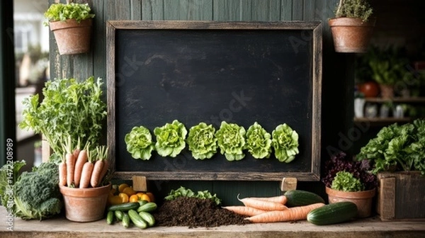 Fototapeta A chalkboard surrounded by fresh vegetables and herbs adorns a rustic wooden background in a garden setting.