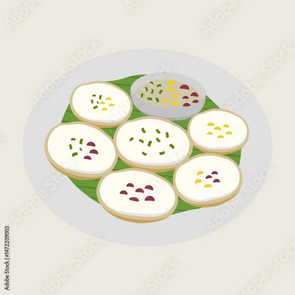 Fototapeta Thai dessert coconut rice pancake Khanom krok traditional sweet round shape green banana leaf white creamy topping chive garnish yellow corn red bean