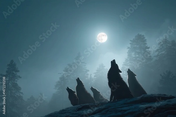 Obraz A majestic wolf pack howling under a full moon in a snowy forest, unity and mystery
