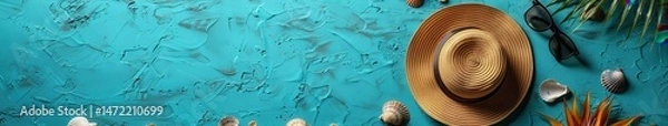 Fototapeta Summer Vacation Essentials on Turquoise Background