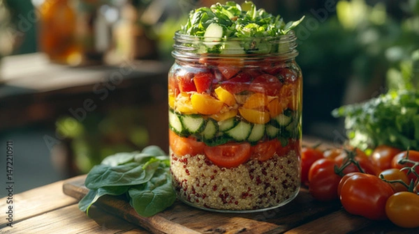 Fototapeta Side view of a layered mason jar salad with quinoa, cherry tomatoes, cucumbers, and spinach, placed on a picnic table