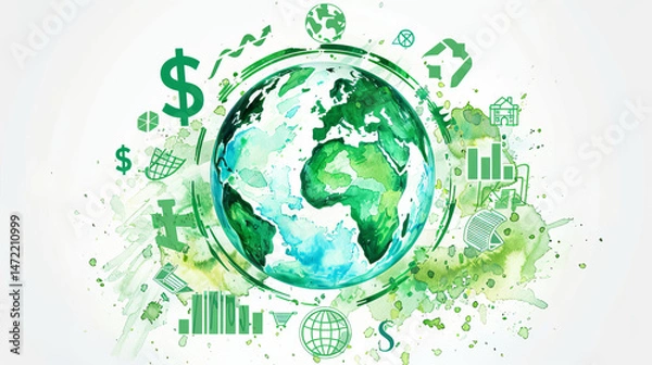 Fototapeta A vibrant illustration of the Earth surrounded by symbols representing sustainability, finance, and growth.