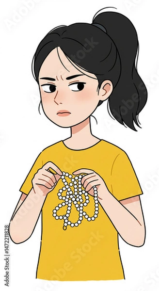 Obraz Young girl expressing frustration while untangling beads  