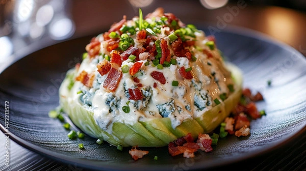 Fototapeta Close-up of a wedge salad with blue cheese dressing, bacon bits, and chives on a modern black plate