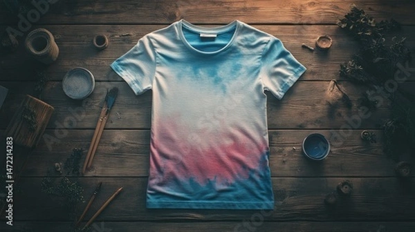 Obraz Tie-dye t-shirt on a rustic wooden surface.  Surrounded by various art supplies