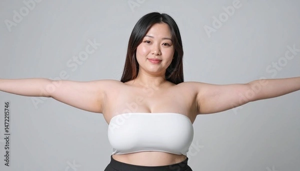 Obraz 腕を広げて肉付の良い二の腕を見せるぽっちゃりな体形の日本人女性。AIで生成