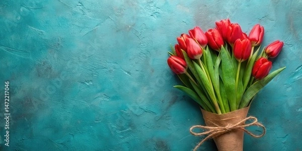 Fototapeta A vibrant bouquet of red tulips, elegantly wrapped in kraft paper and tied with twine, rests on a textured teal surface.