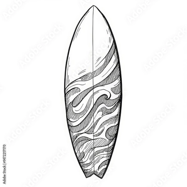 Fototapeta Hand-drawn surfboard design with wave patterns  