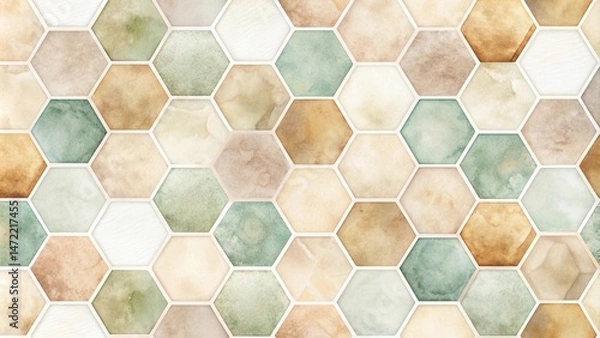 Fototapeta Abstract Hexagonal Watercolor Tile Pattern in Earthy Tones