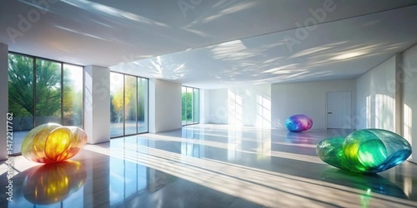 Fototapeta Modern minimalist interior with vibrant abstract sculptures and sunlight streaming through large windows