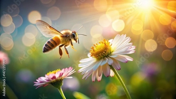 Fototapeta A honeybee in flight approaches a daisy in a sun-drenched meadow