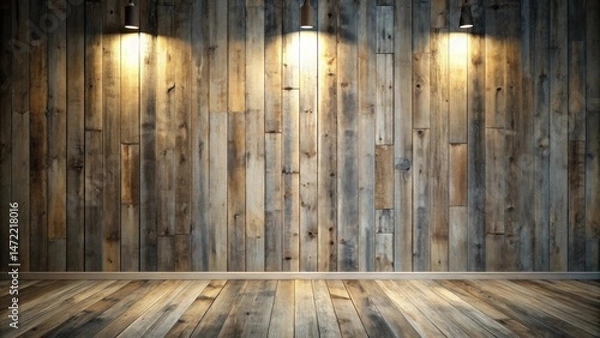 Fototapeta Rustic Wooden Wall and Floor Interior Design Background with Three Pendant Lights