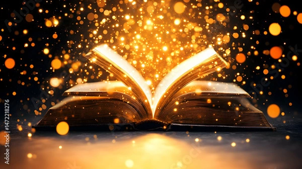 Fototapeta A mystical, open book radiates golden light and sparkles, suggesting magic and wonder
