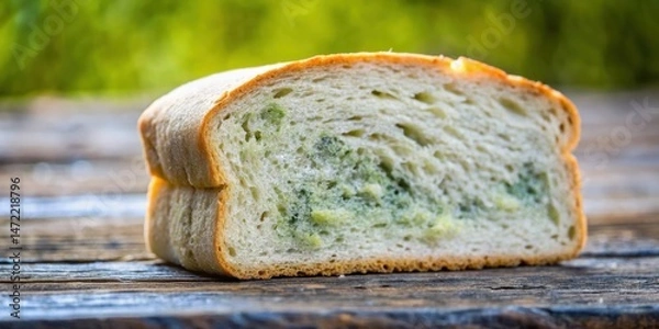 Fototapeta A slice of bread with visible mold growth resting on a weathered wooden surface.
