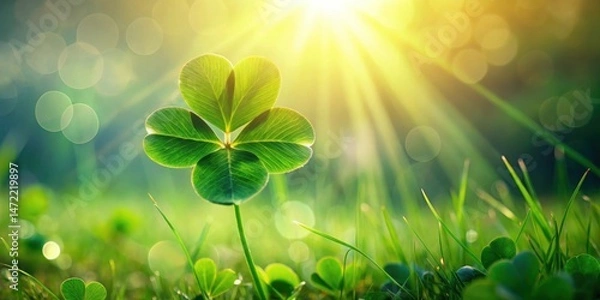 Fototapeta A vibrant four-leaf clover basking in the warm sunlight amidst a field of lush green grass.