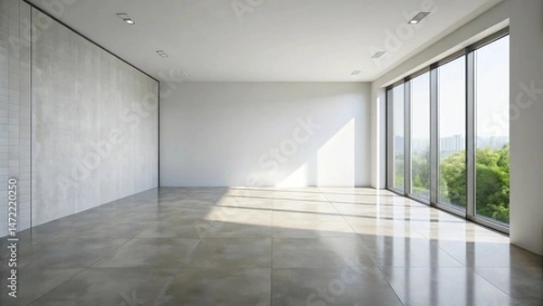 Fototapeta Sunlit Empty Room with Large Windows and Concrete Wall