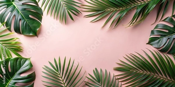Fototapeta Lush tropical foliage arranged on a soft pink background, creating a vibrant and inviting frame for text or imagery.
