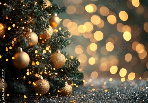 Obraz Closeup of a decorated christmas tree with gold ornaments and warm lights, sitting on a sparkly surface against a bokeh background. : Generative AI