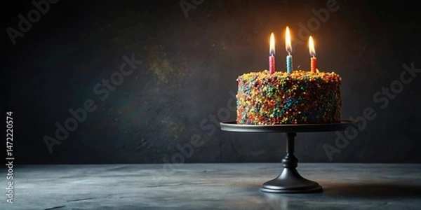 Fototapeta A festive confection, a delicious birthday cake with three lit candles, elegantly displayed on a dark cake stand against a moody backdrop