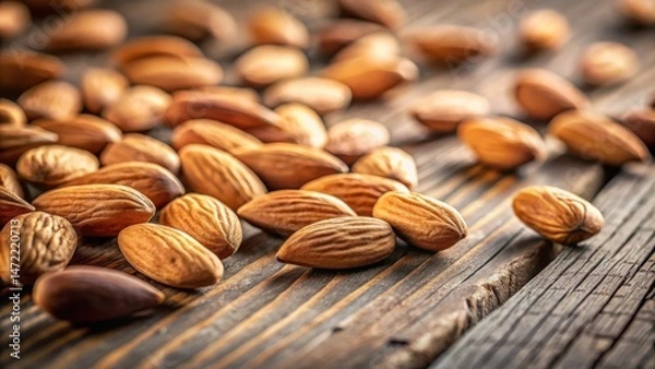 Fototapeta A close-up view of shelled almonds scattered on a rustic wooden surface, bathed in warm, natural light