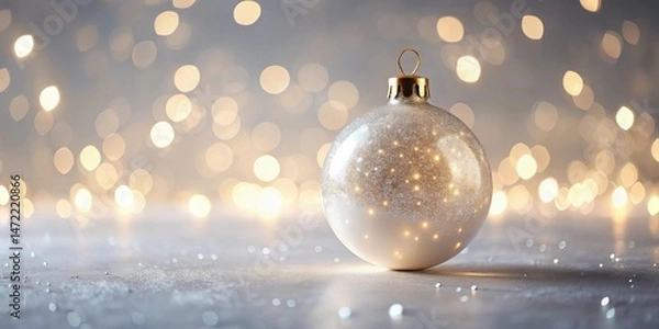 Fototapeta A shimmering silver bauble rests on a glitter-covered surface, illuminated by a soft golden bokeh background, evoking a festive and elegant winter mood.
