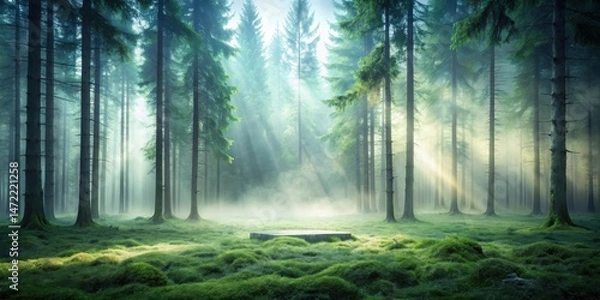 Fototapeta Mystical morning sunbeams pierce a fog-laden evergreen forest, illuminating a mossy clearing with a solitary stone slab