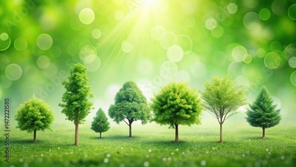 Fototapeta Lush Green Trees Growing in a Sunny Meadow, Representing Growth and Nature