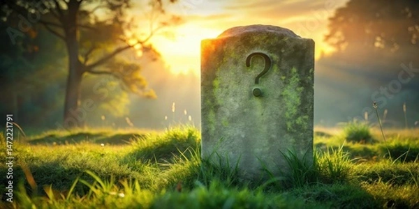 Fototapeta A weathered stone monument in a sunlit meadow, marked with a question, evokes mystery and contemplation.
