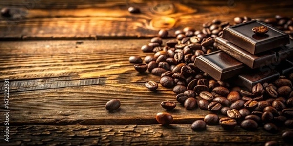 Fototapeta Dark Chocolate Squares Nestled Amidst Roasted Coffee Beans on Rustic Wood