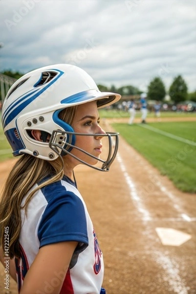 Fototapeta Girl softball player wearing batting helmet and mouthguard
