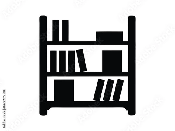 Fototapeta Black silhouette of a bookshelf with multiple books on white background, minimal design
