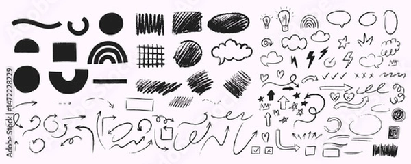 Obraz Set of vector chalk marks, doodle arrows and geometric abstract figures, grunge and sketch design elements.