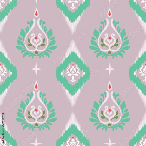 Fototapeta title Motif ethnic ikat seamless
textile illustration, pink embroidery, print striped
ornament floral, pattern, design for wrapping,
silk, scarf, background, textile, carpet, rug,
texture, 