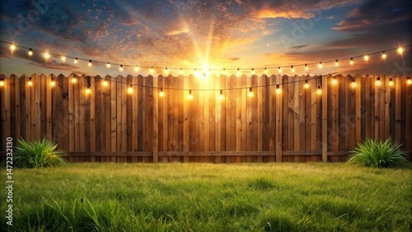 Fototapeta Evening backyard scene with illuminated string lights strung across a wooden fence and lush green grass