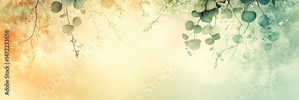 Fototapeta A gentle abstract background featuring soft colors and eucalyptus leaves, creating a serene atmosphere with ample copy space