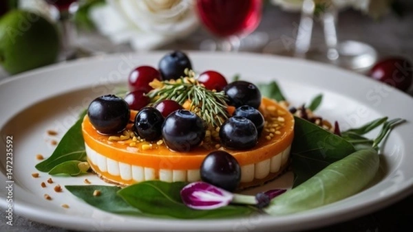 Fototapeta Modern cheesecake with berries, tomatoes, and herbs. Unusual dessert presentation on a white plate