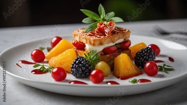 Fototapeta Modern cheesecake with berries, tomatoes, and herbs. Unusual dessert presentation on a white plate